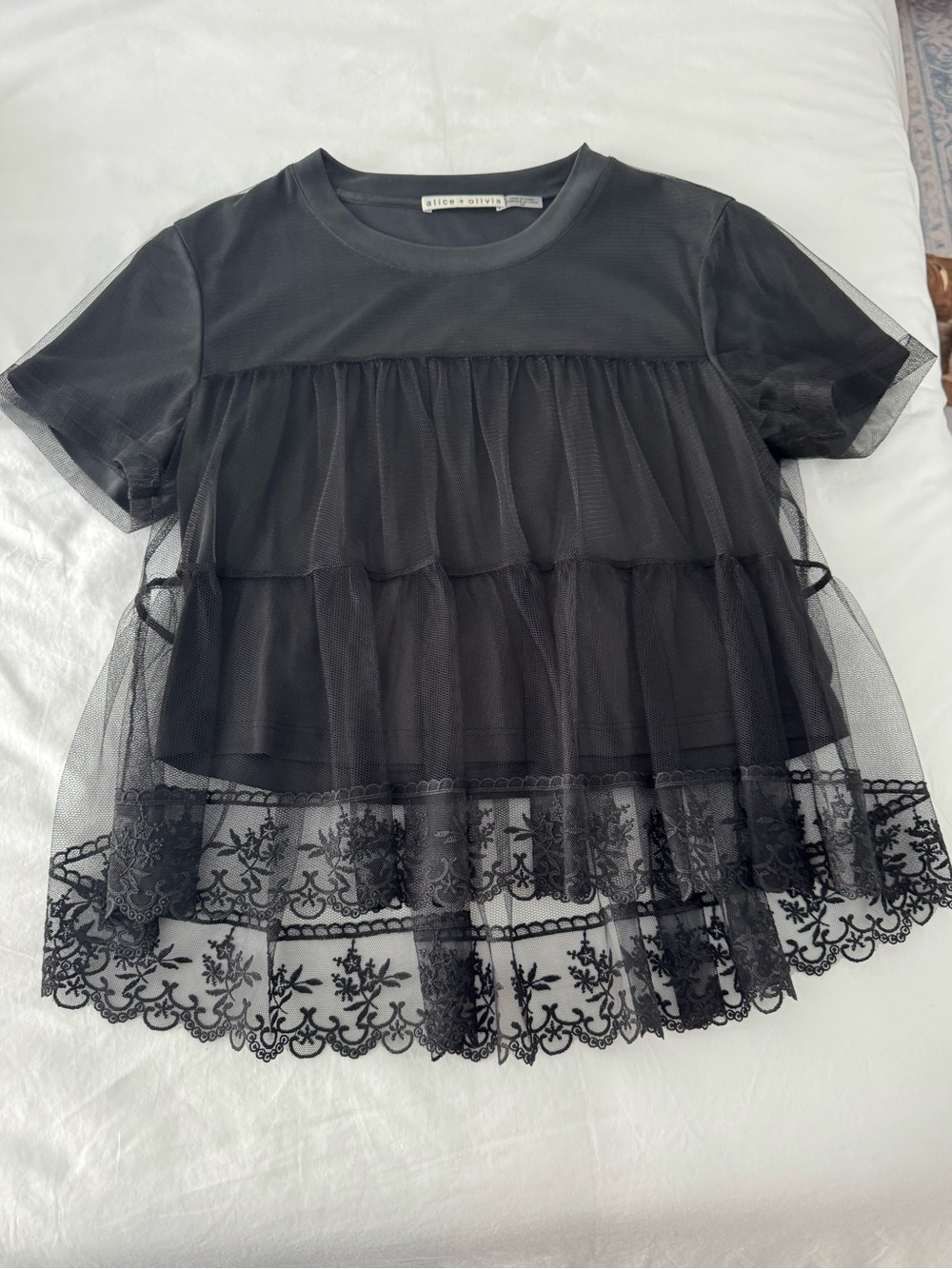 Alice + Olivia Black Tulle Lace Babydoll Top Size Small